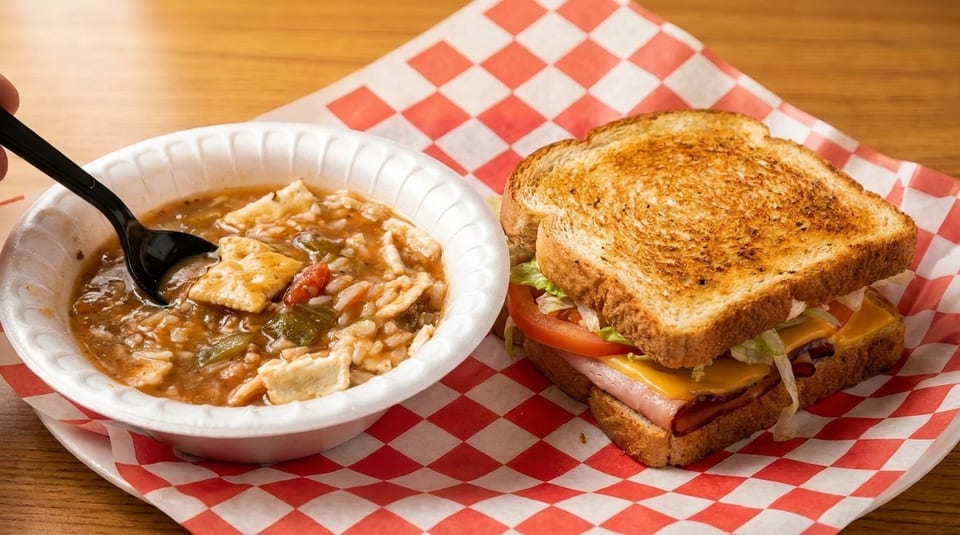 A bowl of gumbo with crackers and a toasted sandwich on red and white checkered paper.