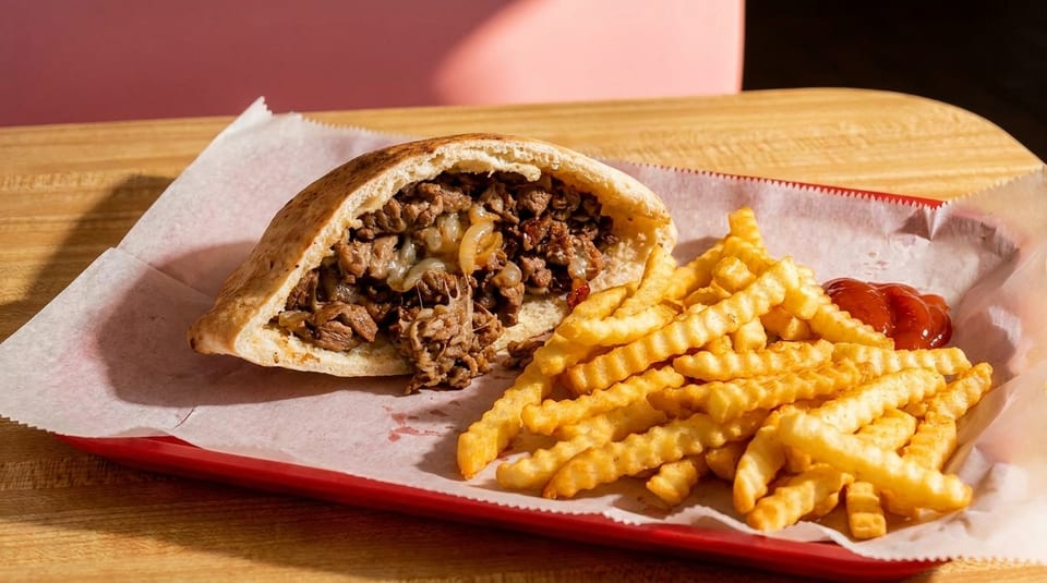 Cheesesteak pita sandwich with melted cheese and onions, served with crinkle-cut fries and ketchup.