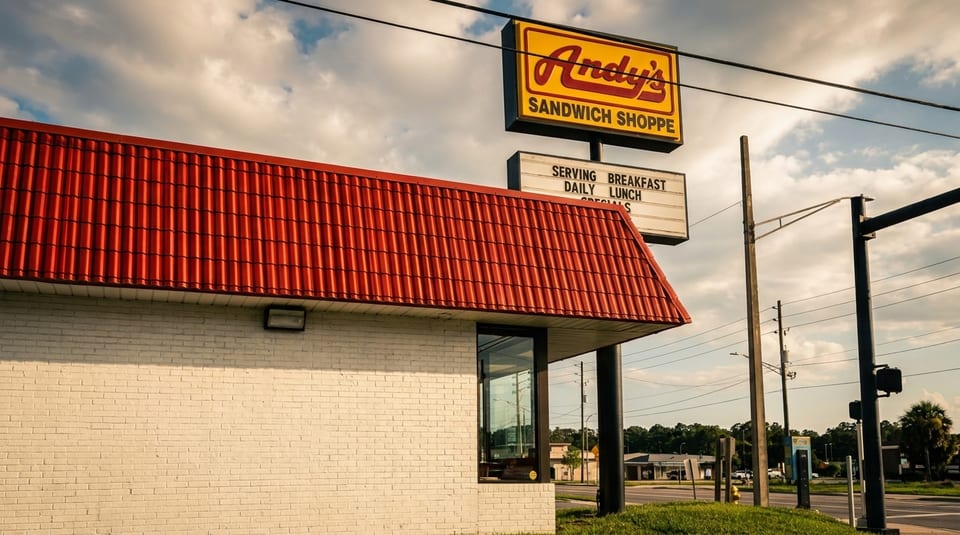 Exterior of Andy's Sandwich Shoppe with a red roof and yellow sign against a cloudy sky.