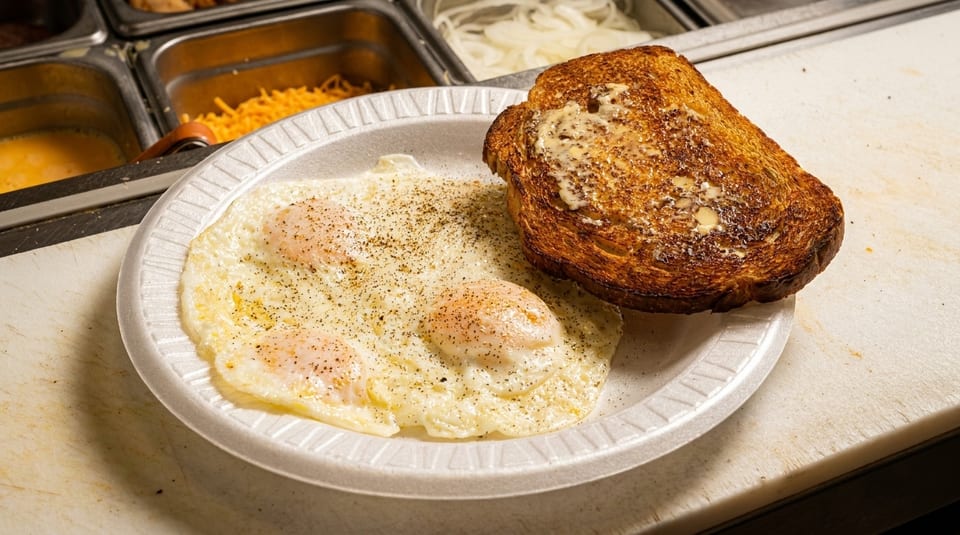Three fried eggs with pepper and a slice of buttered toast on a white plate.