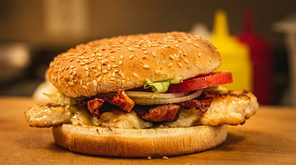 Close-up of a grilled chicken sandwich with melted cheese, bacon, lettuce, tomato, and onion.